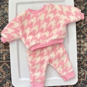 Pink and Cream Houndstooth faux sherpa  Baby Outfit